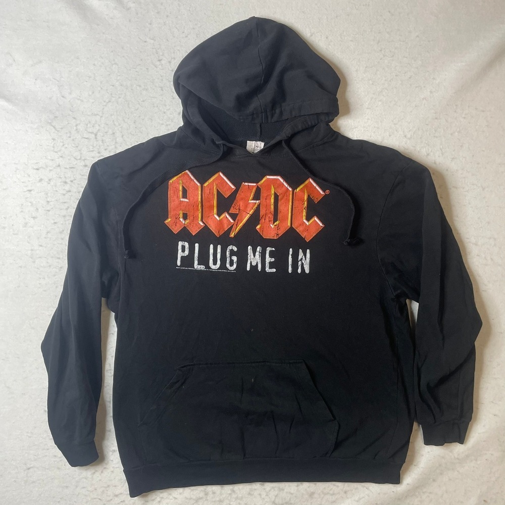 AC/DC Hoodie Mens Large Black‎ Plug Me In Band Graphic Pullover Sweateshirt